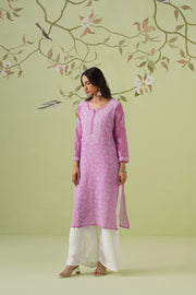 Mul Chanderi Chikankari Long Kurti - Blush Mauve