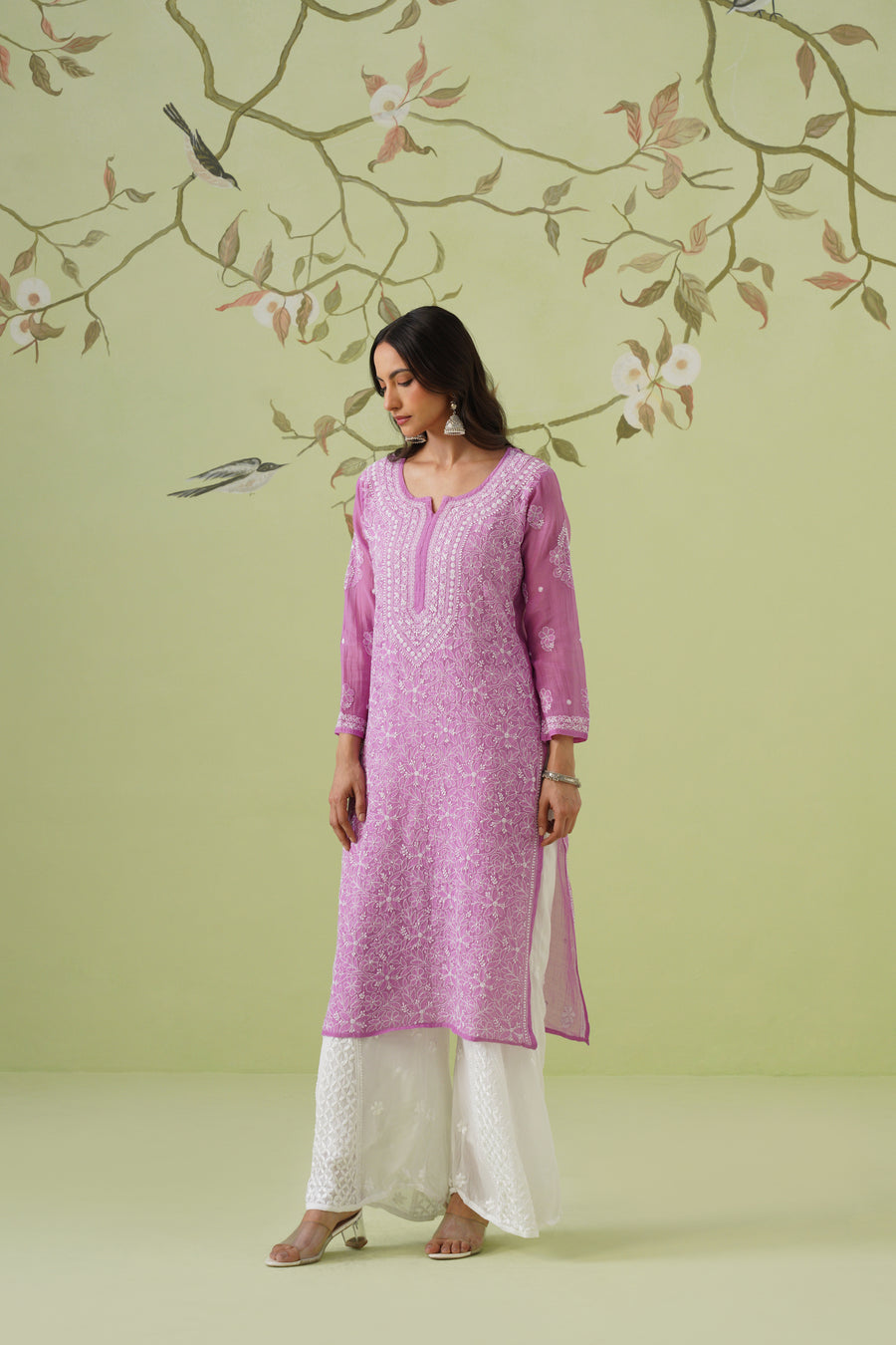 Mul Chanderi Chikankari Long Kurti - Blush Mauve