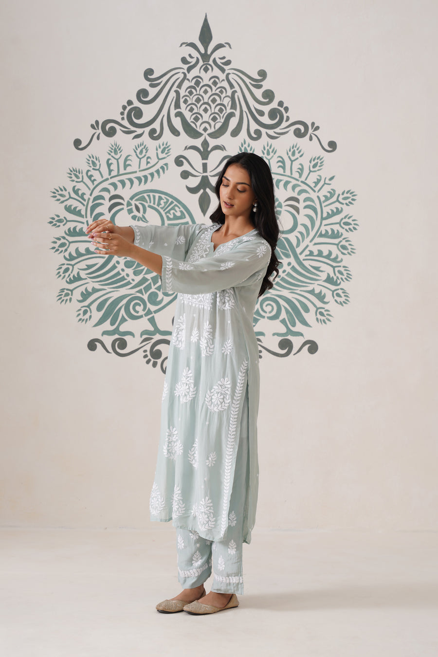 Chikankari Mul Chanderi Coord Set - Mint Green