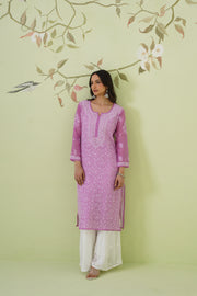 Mul Chanderi Chikankari Long Kurti - Blush Mauve