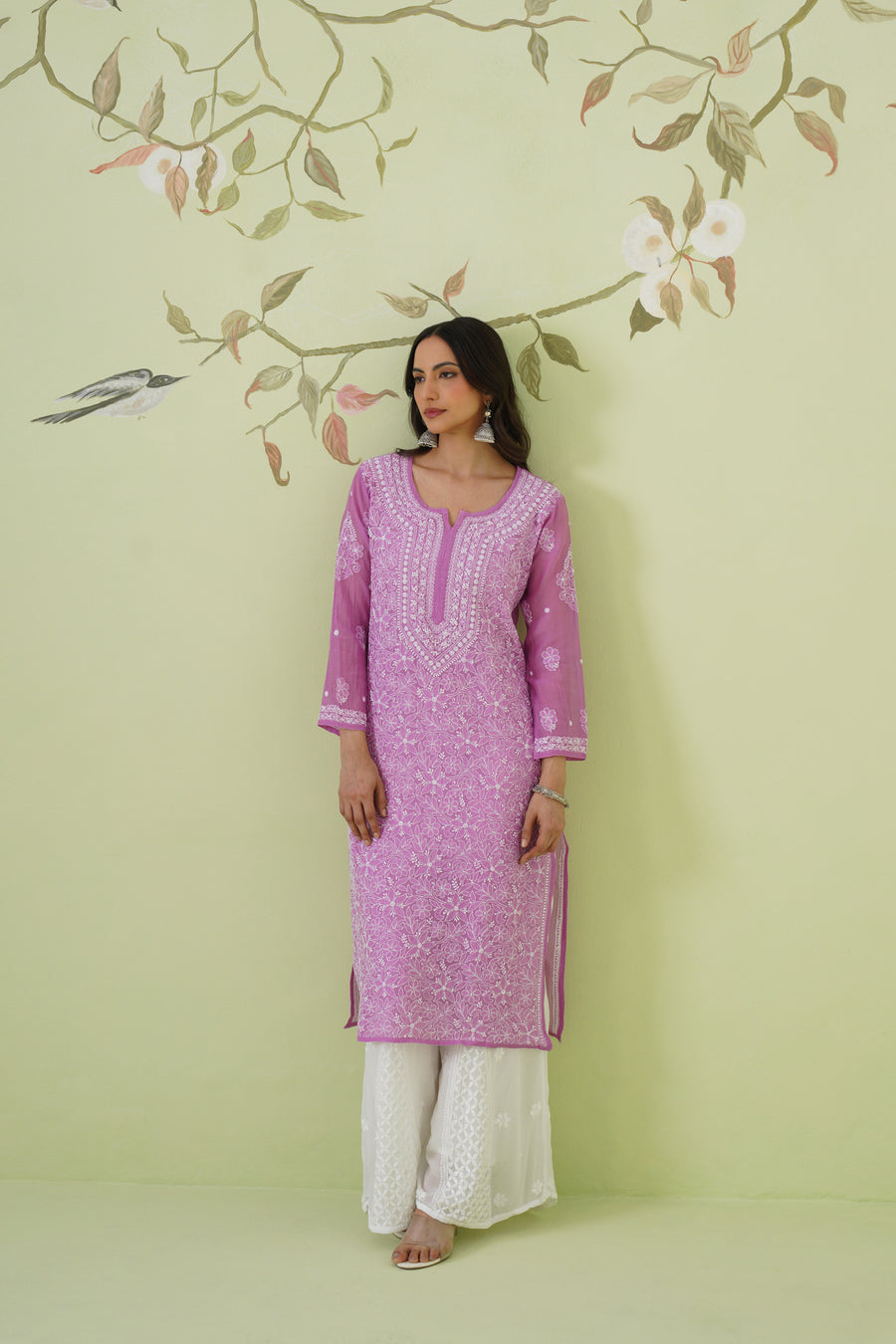 Mul Chanderi Chikankari Long Kurti - Blush Mauve