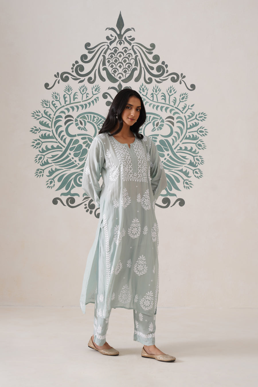 Chikankari Mul Chanderi Coord Set - Mint Green
