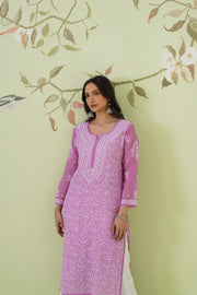 Mul Chanderi Chikankari Long Kurti - Blush Mauve
