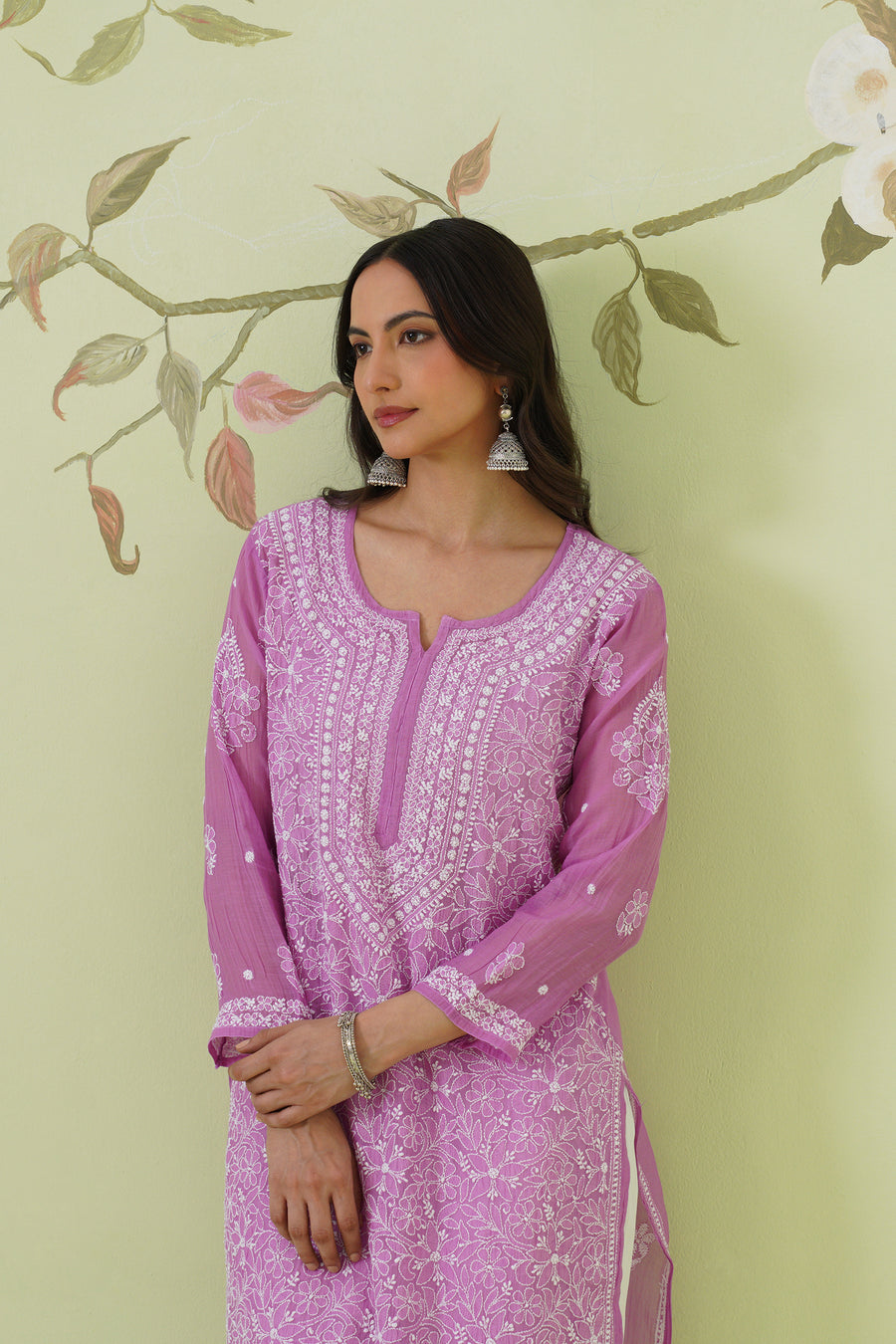 Mul Chanderi Chikankari Long Kurti - Blush Mauve