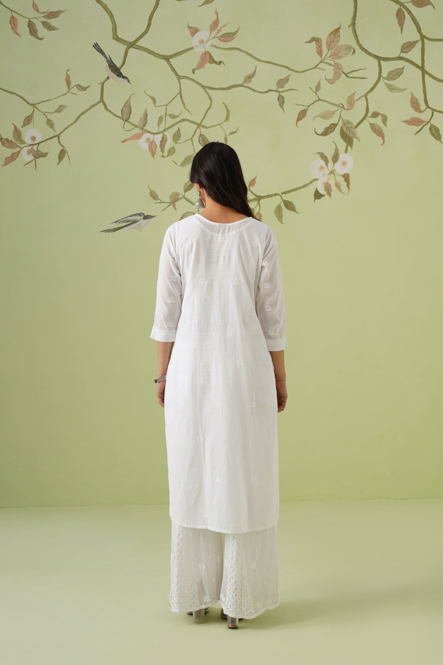 Mul Cotton Chikankari Long Kurti - White