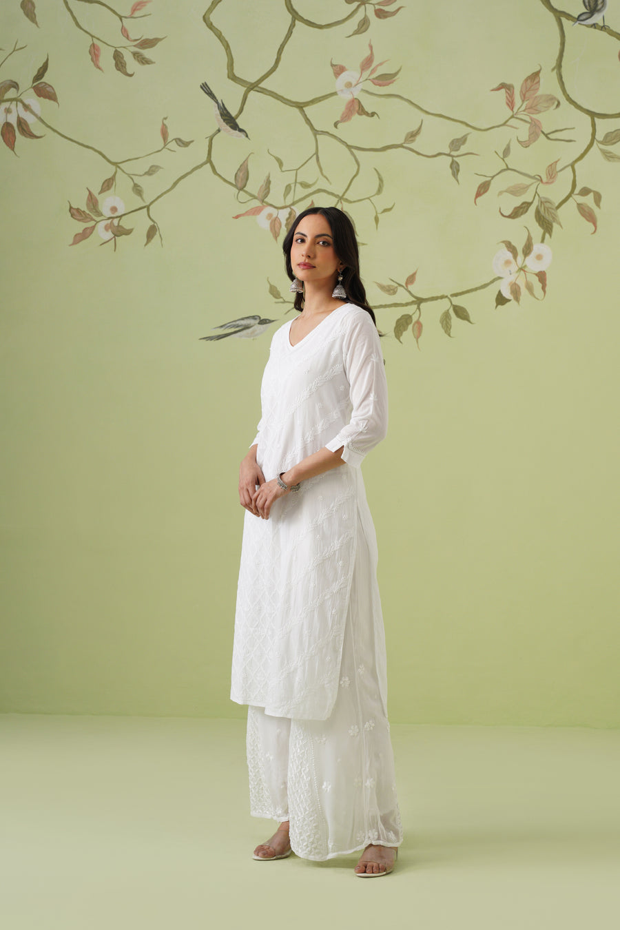 Mul Cotton Chikankari Long Kurti - White