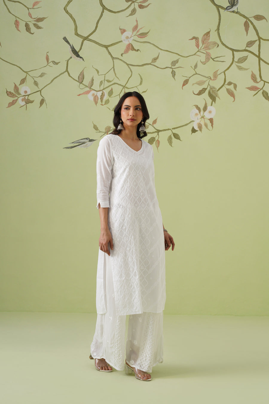 Mul Cotton Chikankari Long Kurti - White
