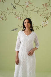 Mul Cotton Chikankari Long Kurti - White
