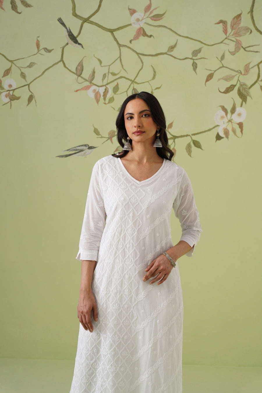 Mul Cotton Chikankari Long Kurti - White
