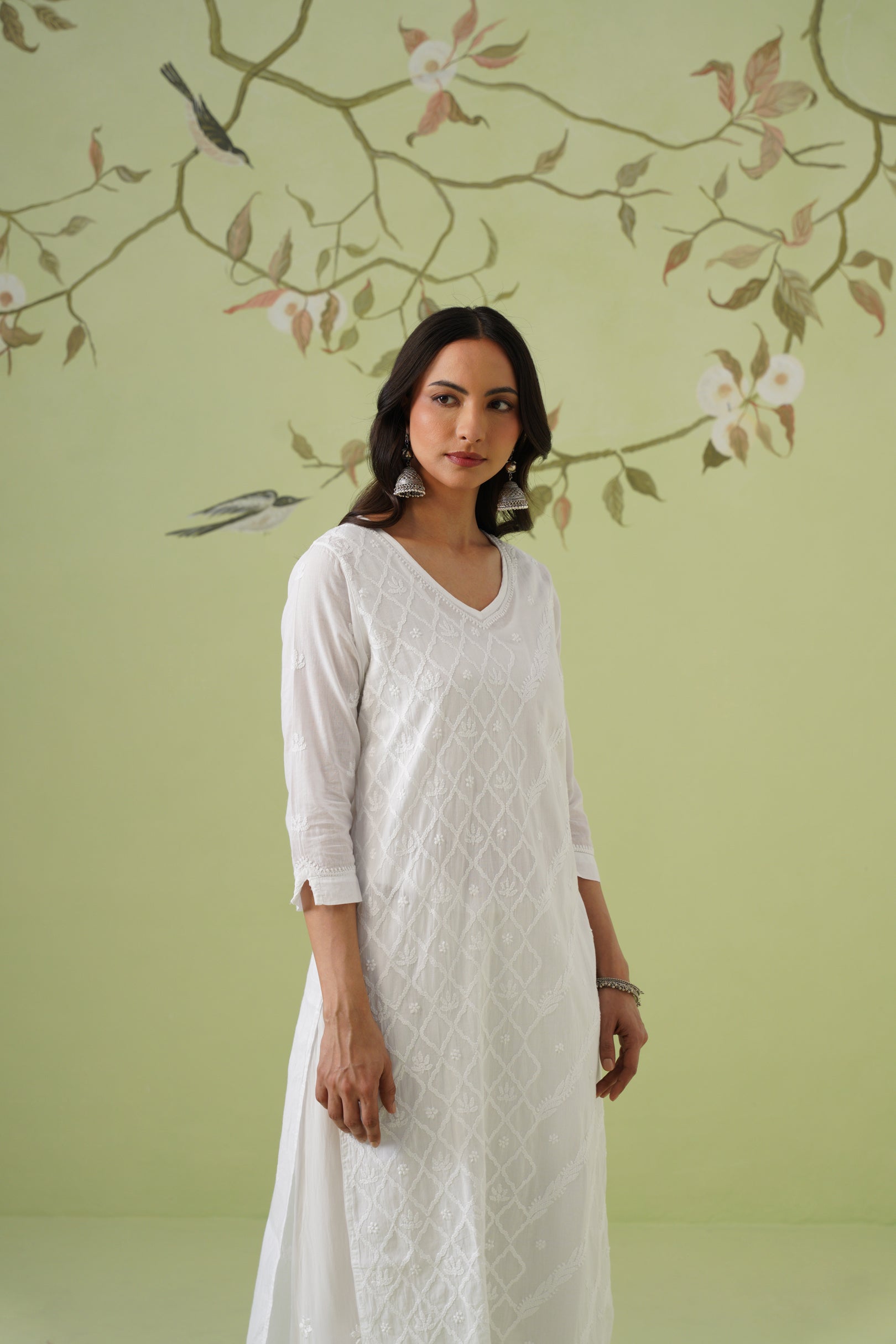 Mul Cotton Chikankari Long Kurti - White