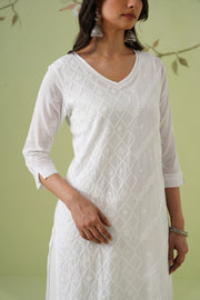 Mul Cotton Chikankari Long Kurti - White