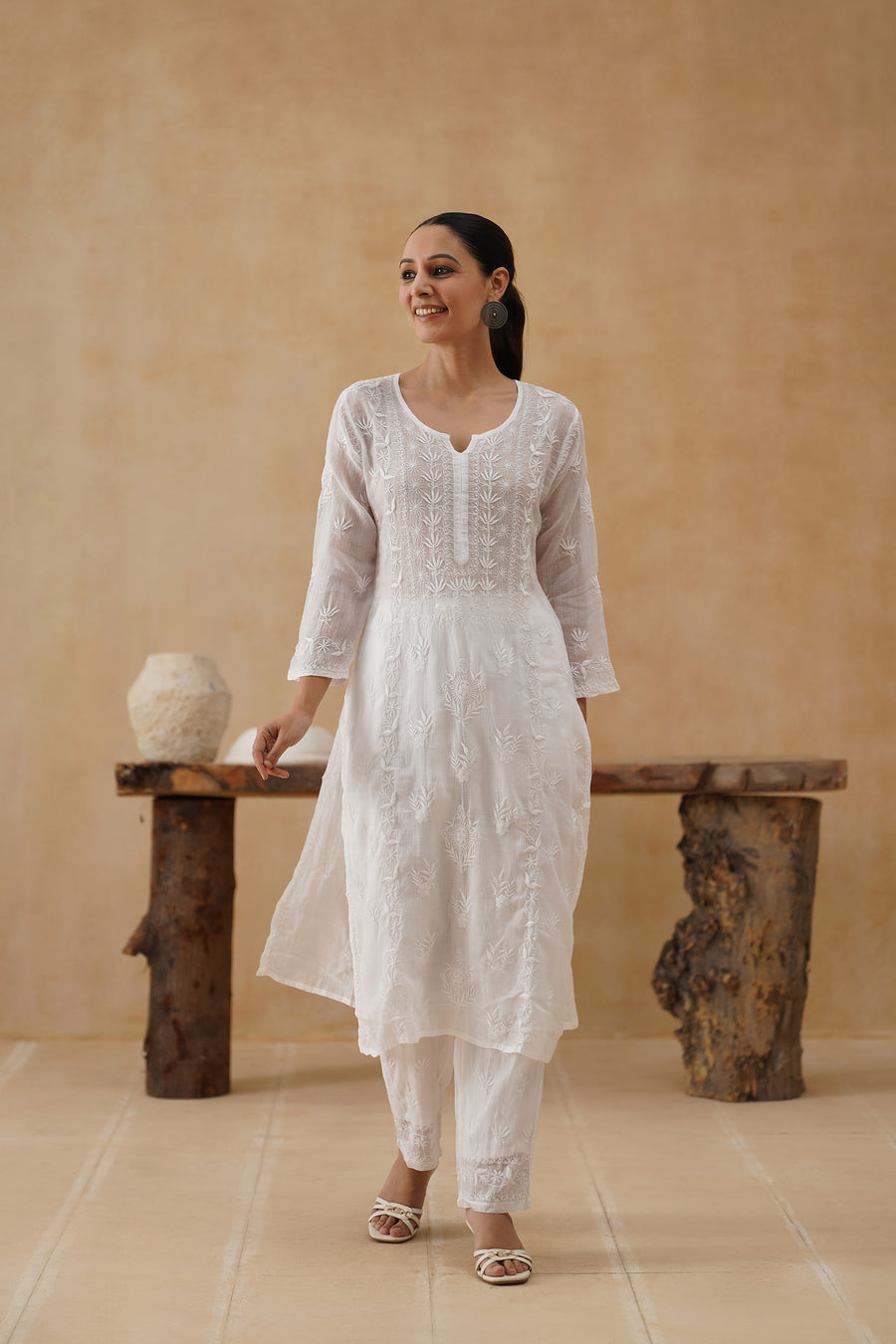 Kota Chikankari Co-ord Set - White
