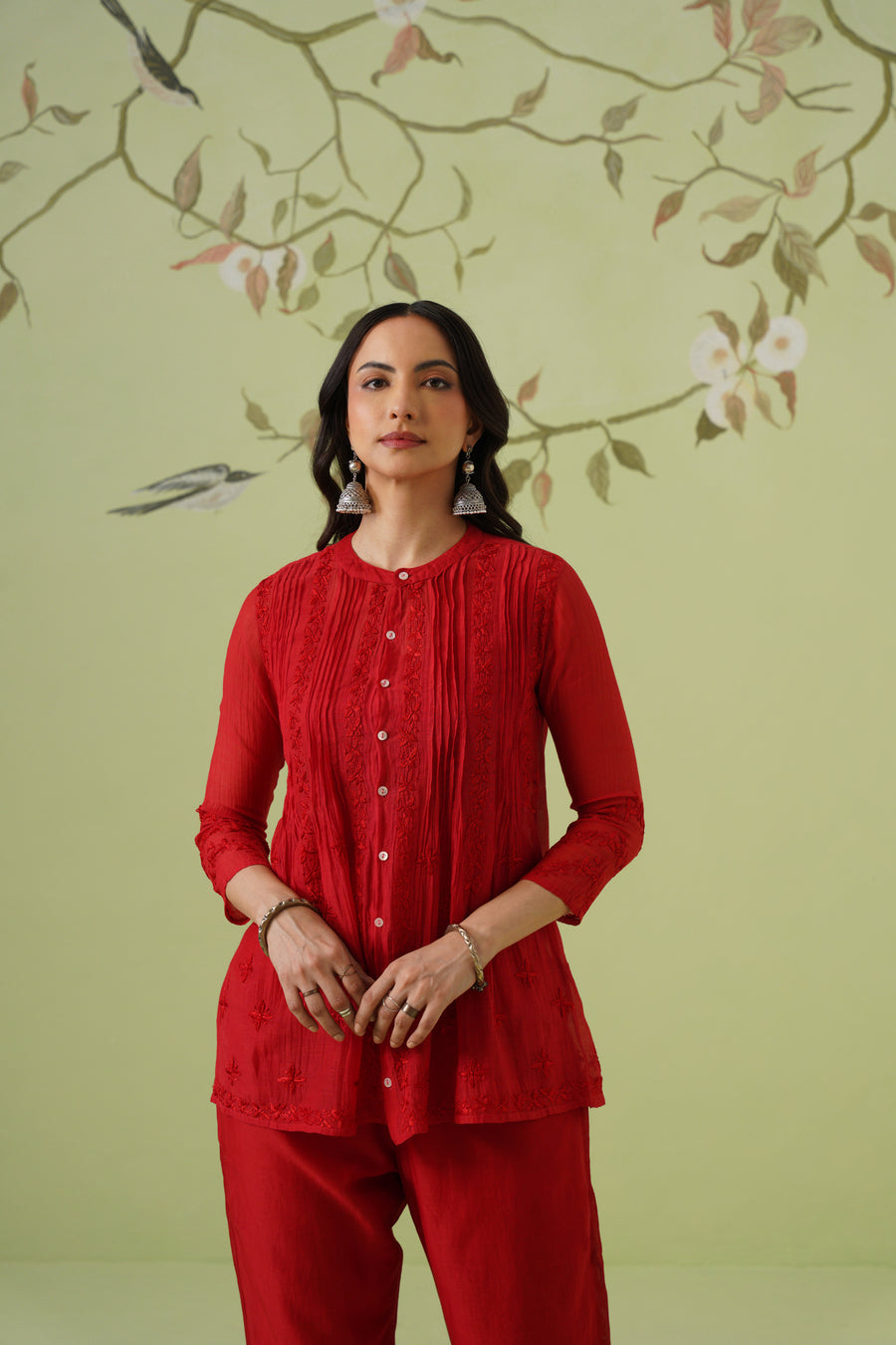 Chanderi Chikankari Co-ord Set - Blood Red