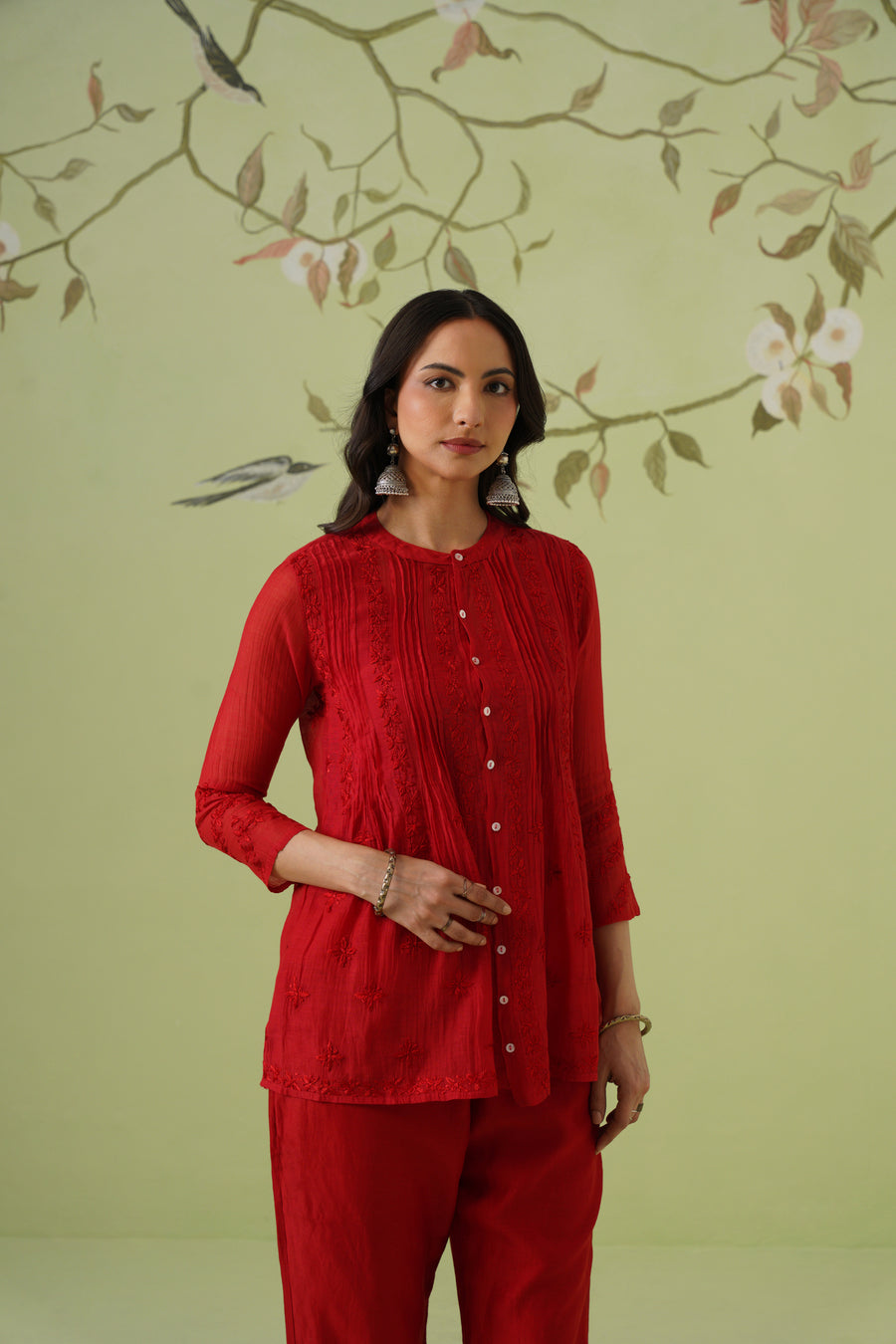 Chanderi Chikankari Co-ord Set - Blood Red