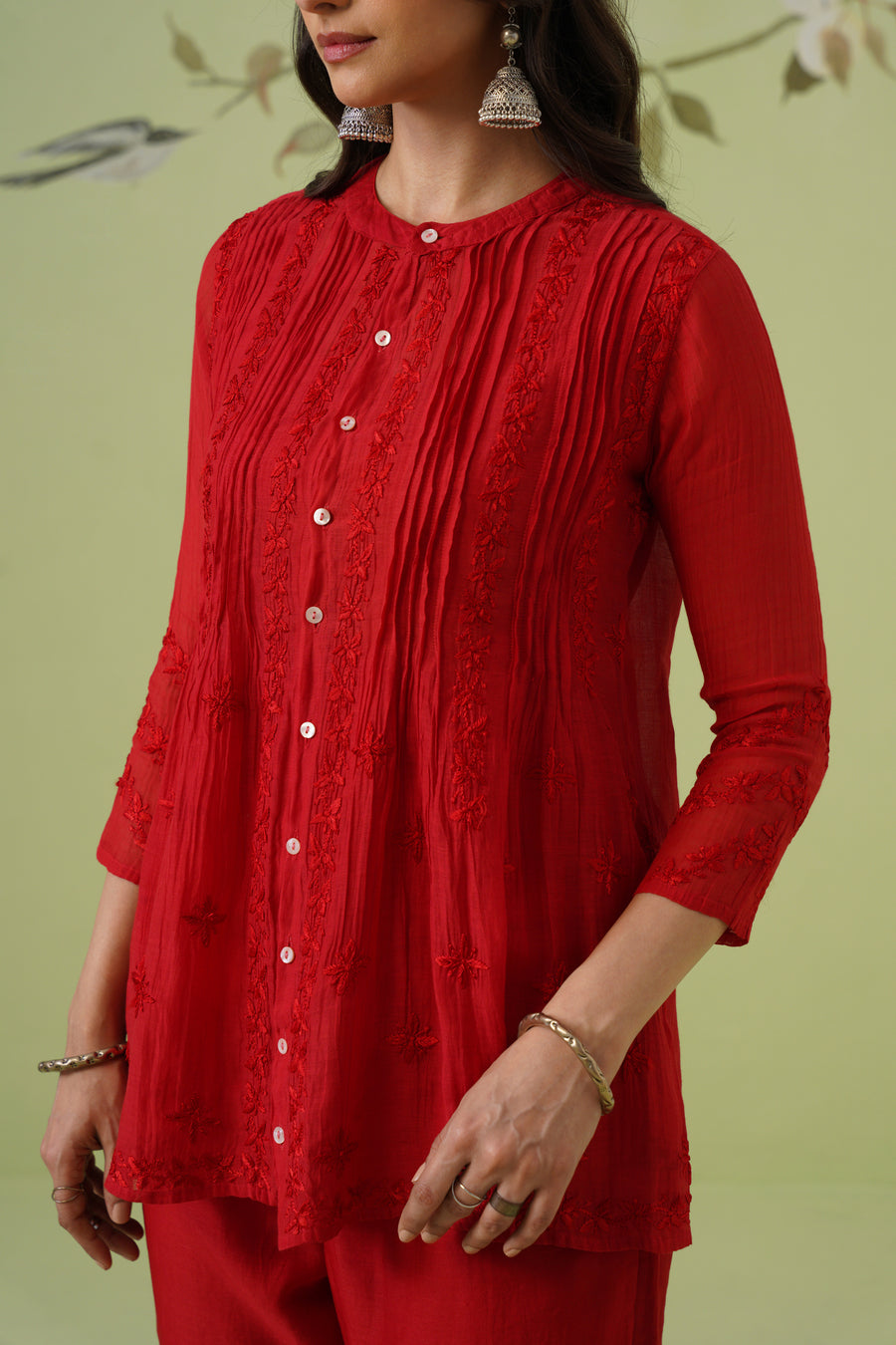 Chanderi Chikankari Co-ord Set - Blood Red