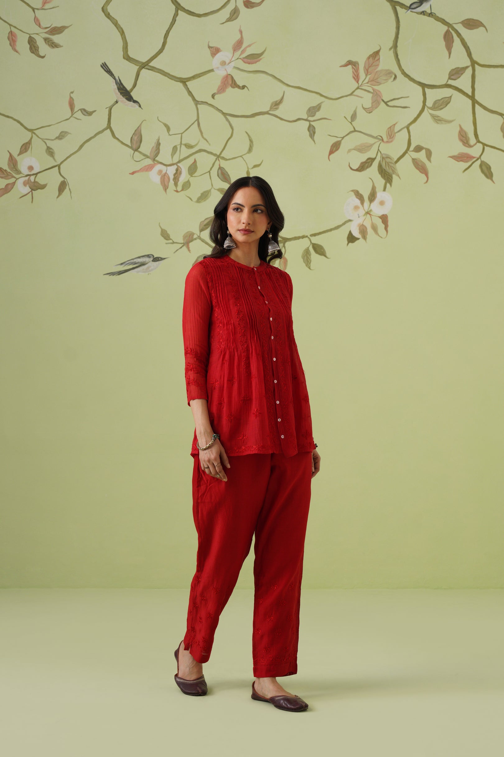 Chanderi Chikankari Co-ord Set - Blood Red