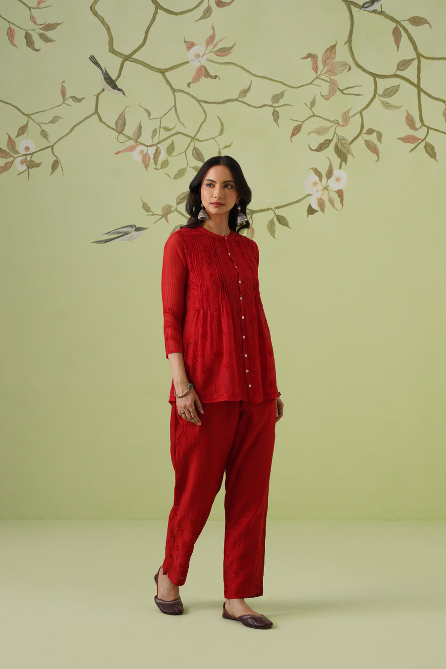 Chanderi Chikankari Co-ord Set - Blood Red