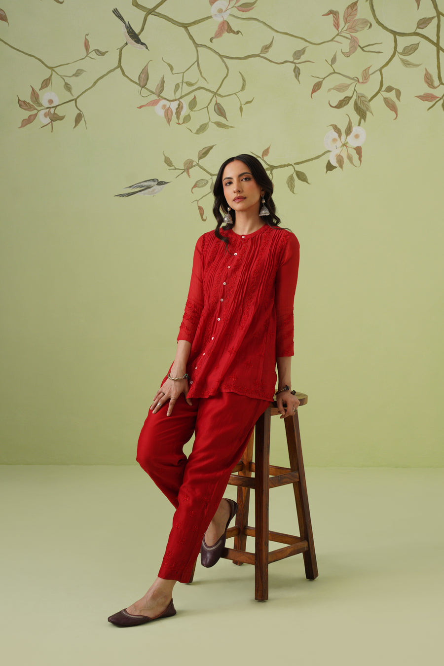 Chanderi Chikankari Co-ord Set - Blood Red