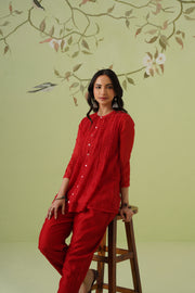 Chanderi Chikankari Co-ord Set - Blood Red