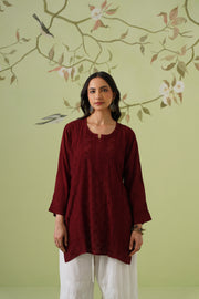 Muslin Chikankari Short Kurti - Maroon