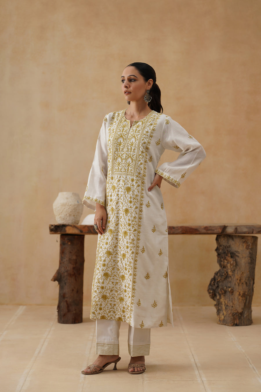 Mul Chikankari 3 pc Suit - White and Ochre