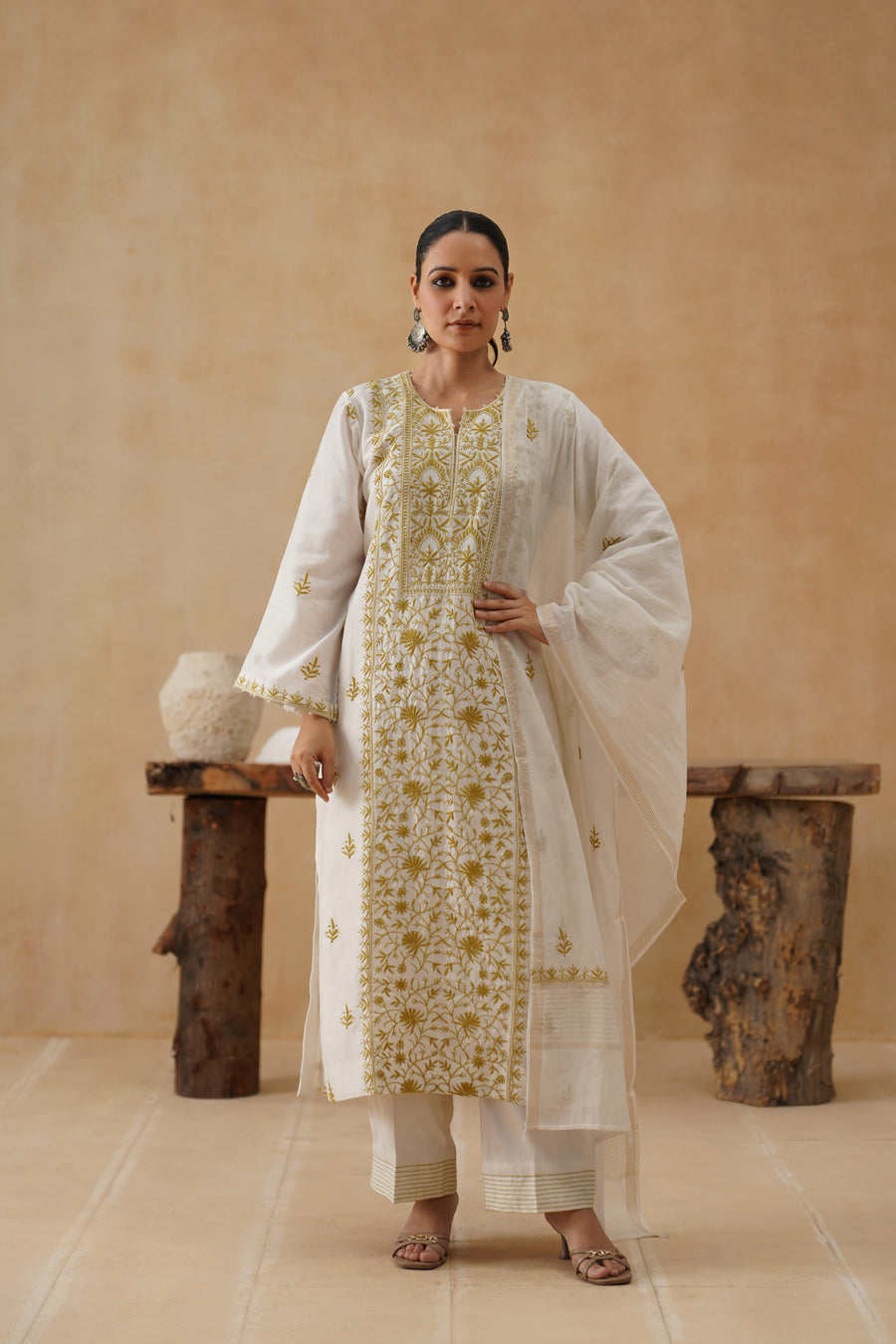 Mul Chikankari 3 pc Suit - White and Ochre