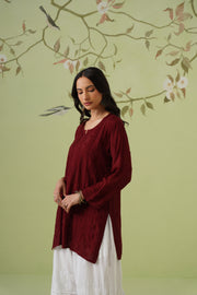 Muslin Chikankari Short Kurti - Maroon