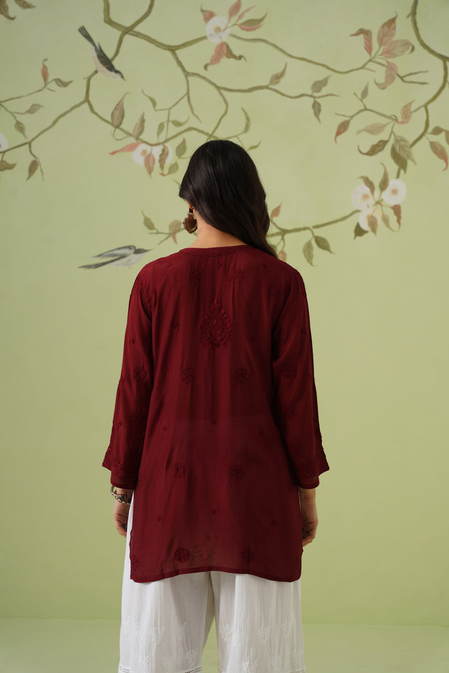 Muslin Chikankari Short Kurti - Maroon