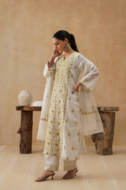 Mul Chikankari 3 pc Suit - White and Ochre