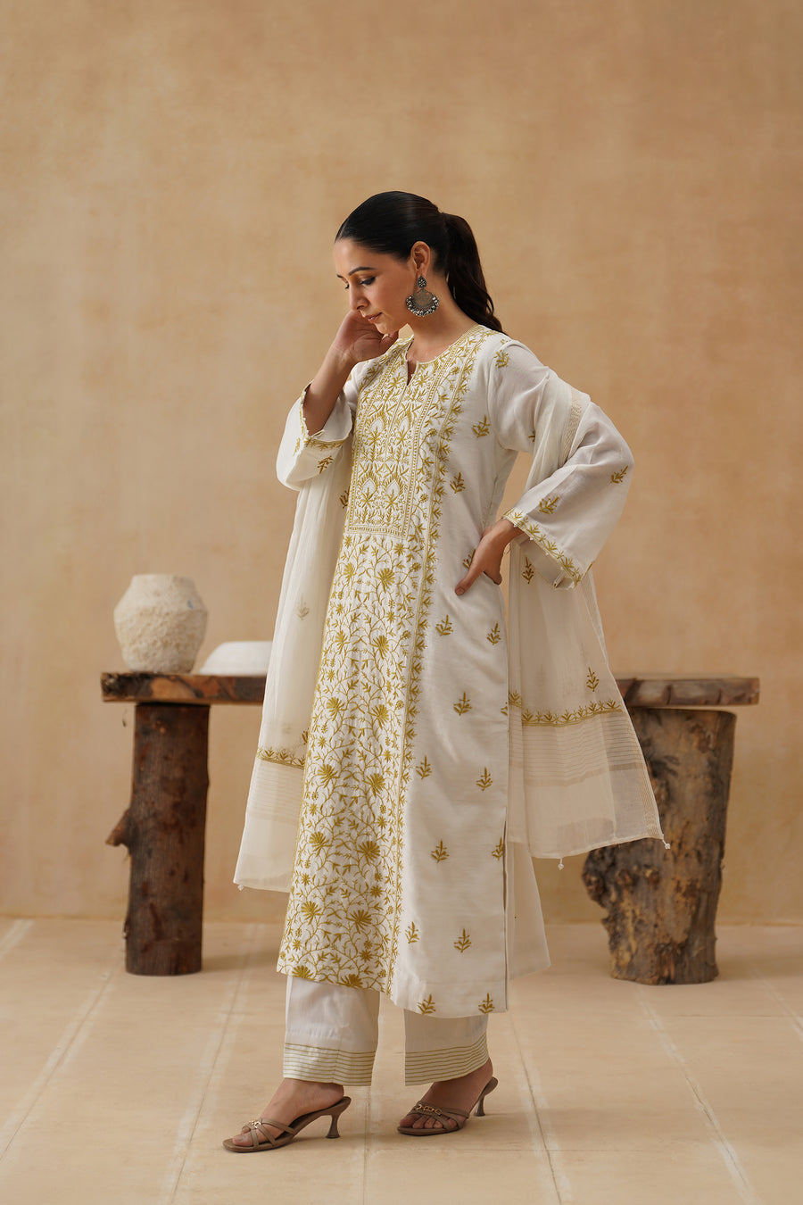 Mul Chikankari 3 pc Suit - White and Ochre