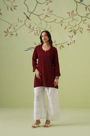 Muslin Chikankari Short Kurti - Maroon