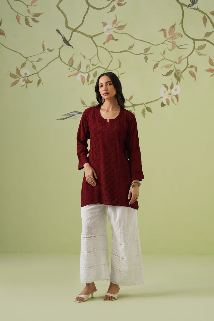 Muslin Chikankari Short Kurti - Maroon