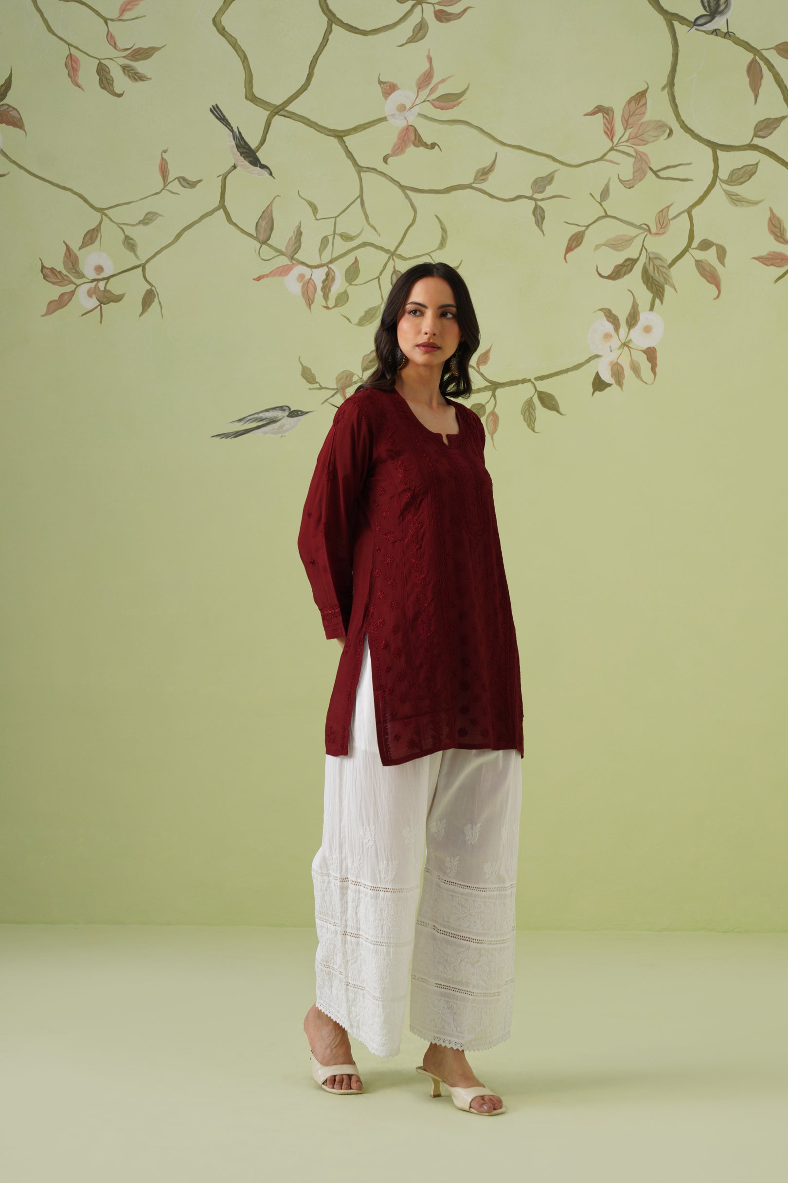 Muslin Chikankari Short Kurti - Maroon