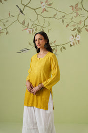 Muslin Chikankari Short Kurti - Ombre Mustard Yellow