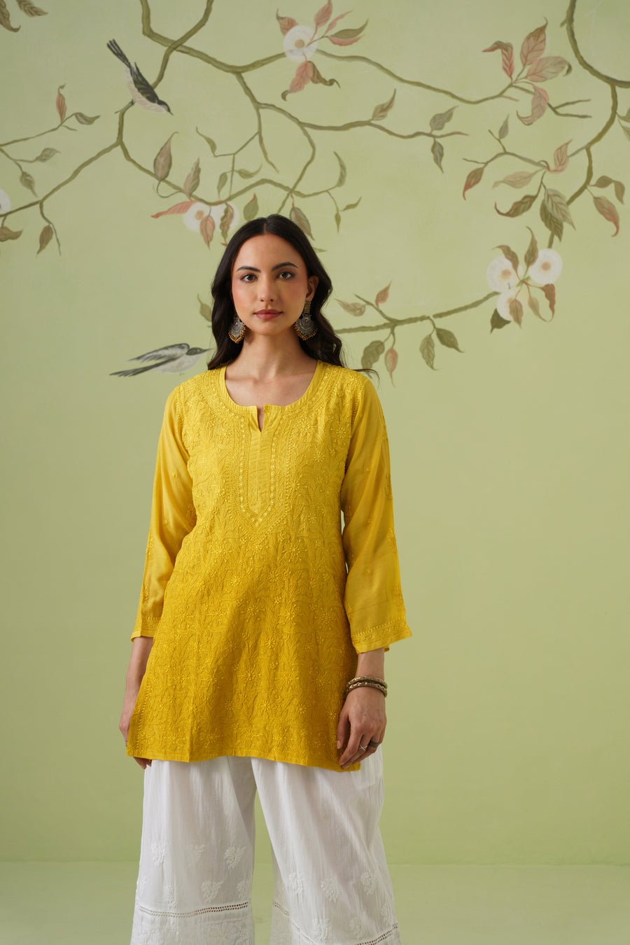 Muslin Chikankari Short Kurti - Ombre Mustard Yellow