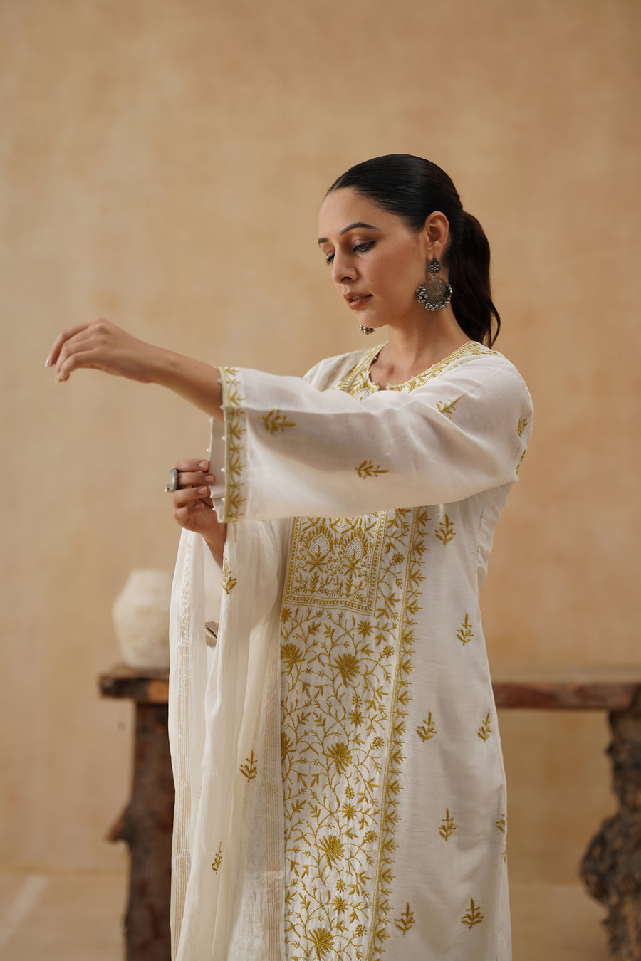Mul Chikankari 3 pc Suit - White and Ochre