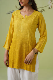 Muslin Chikankari Short Kurti - Ombre Mustard Yellow