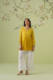 Muslin Chikankari Short Kurti - Ombre Mustard Yellow