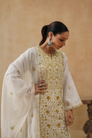 Mul Chikankari 3 pc Suit - White and Ochre