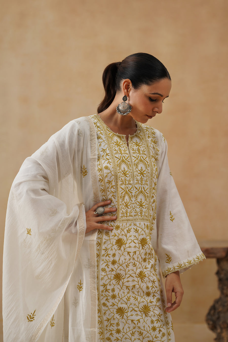 Mul Chikankari 3 pc Suit - White and Ochre