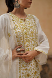 Mul Chikankari 3 pc Suit - White and Ochre