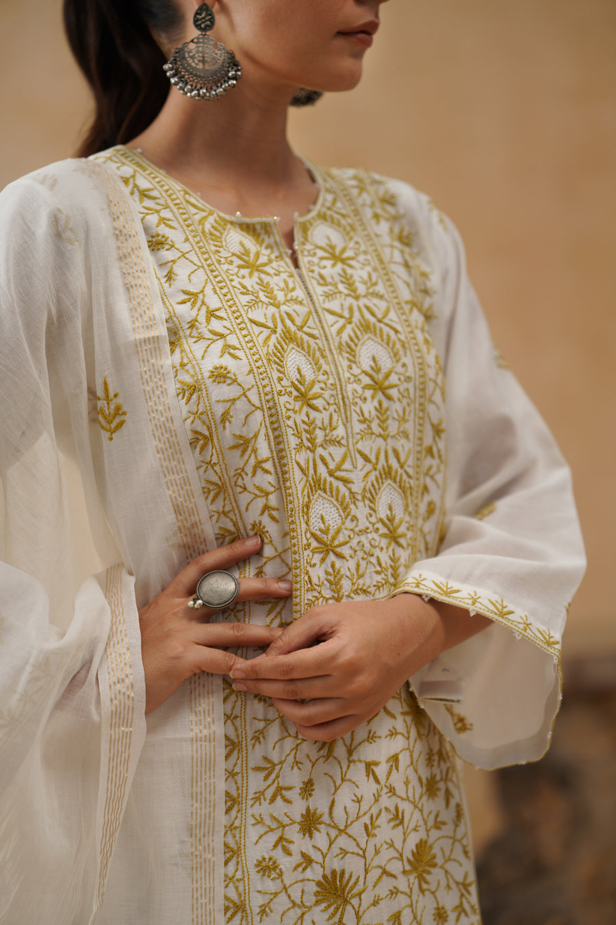 Mul Chikankari 3 pc Suit - White and Ochre