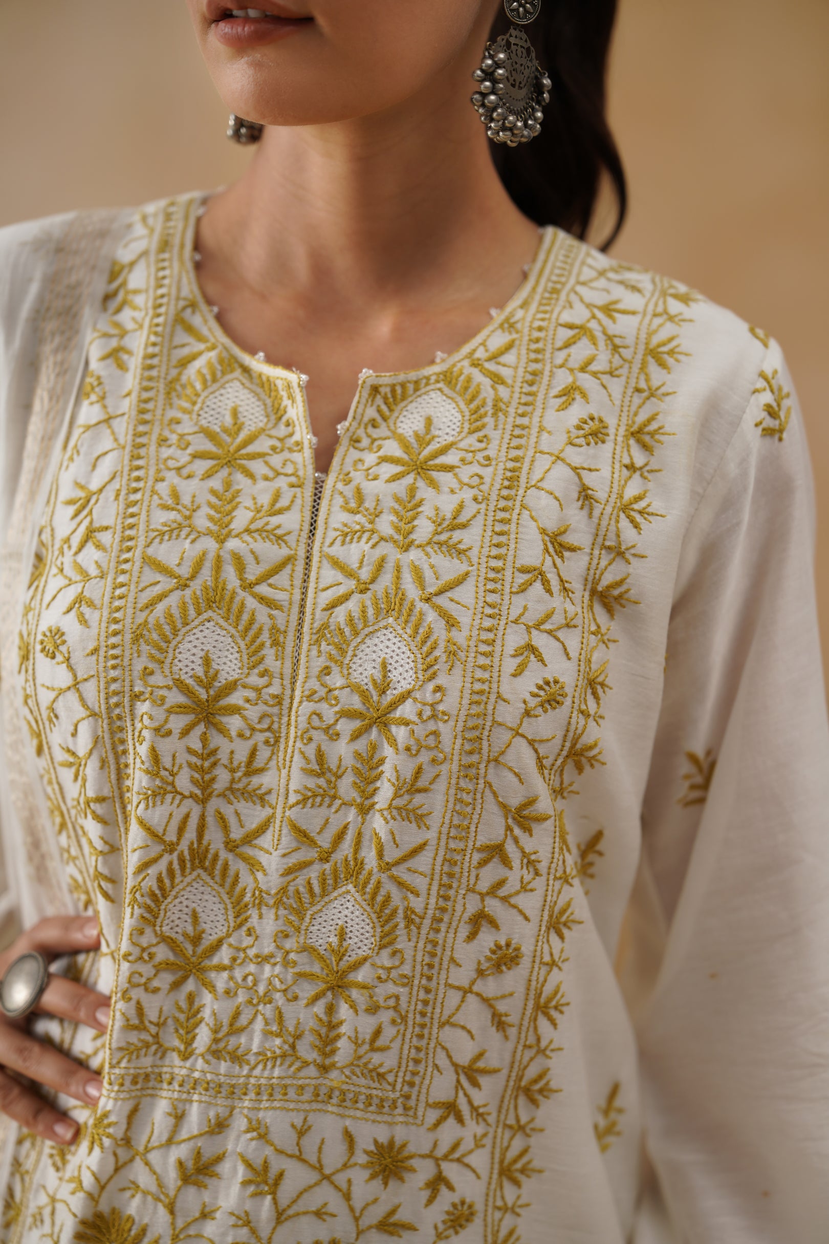Mul Chikankari 3 pc Suit - White and Ochre