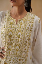 Mul Chikankari 3 pc Suit - White and Ochre