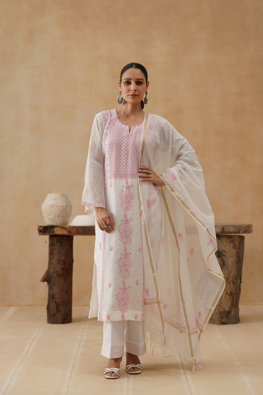 Mul Chikankari 3 pc Suit - White and Pink