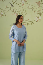 Chanderi Chikankari Co-ord Set - Light Blue