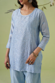 Chanderi Chikankari Co-ord Set - Light Blue