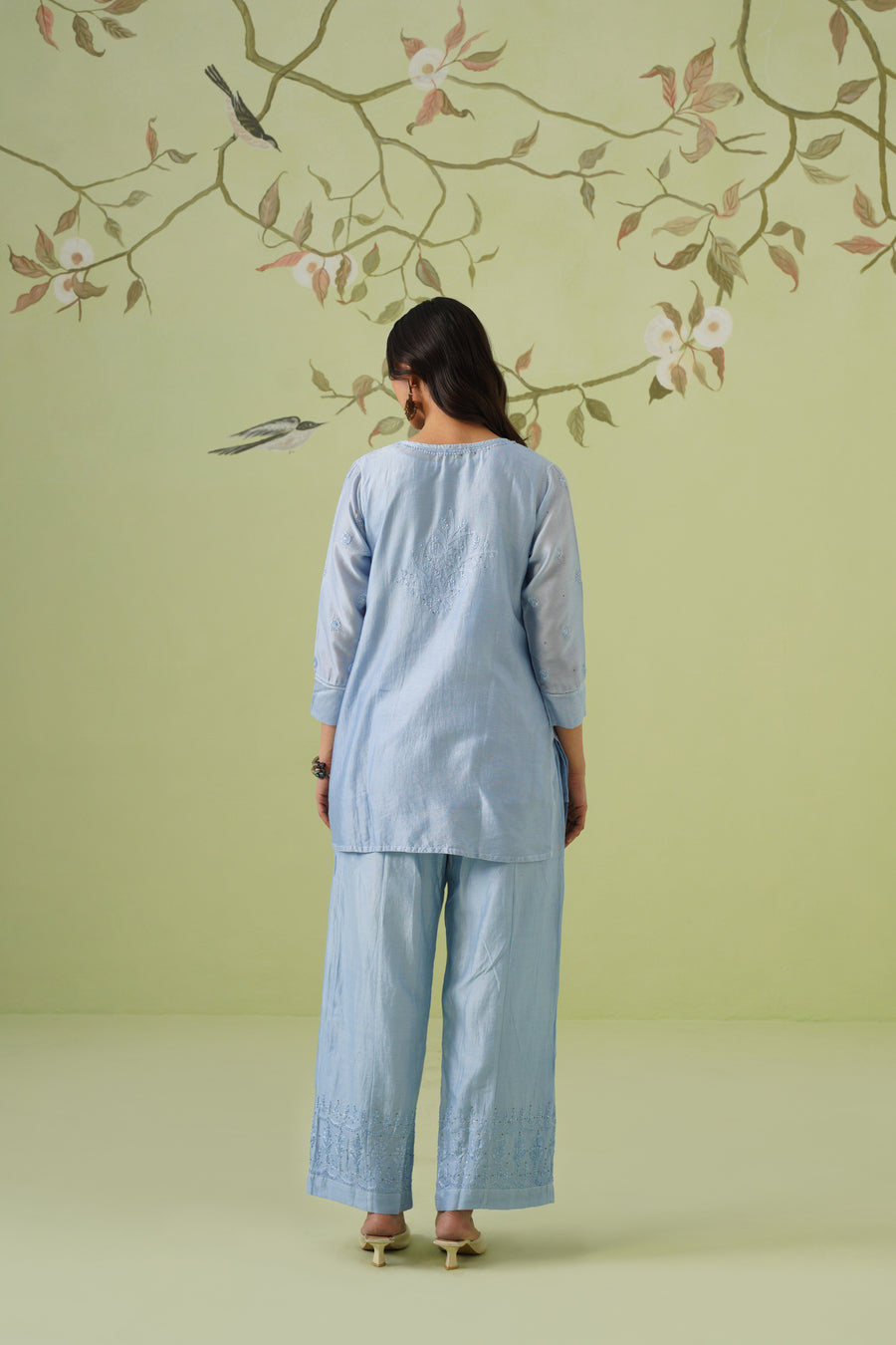 Chanderi Chikankari Co-ord Set - Light Blue