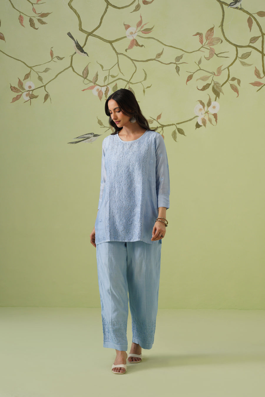 Chanderi Chikankari Co-ord Set - Light Blue