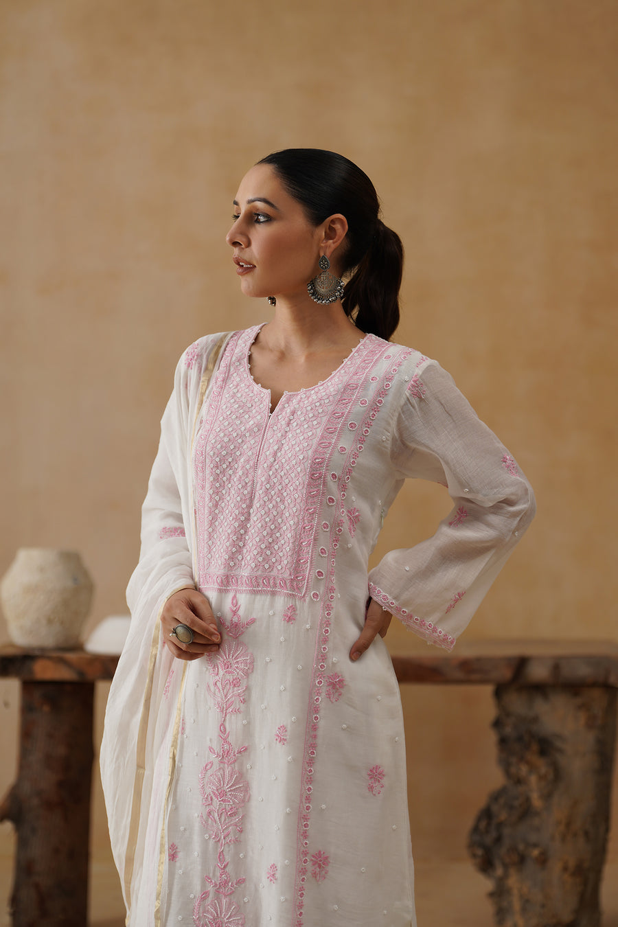 Mul Chikankari 3 pc Suit - White and Pink